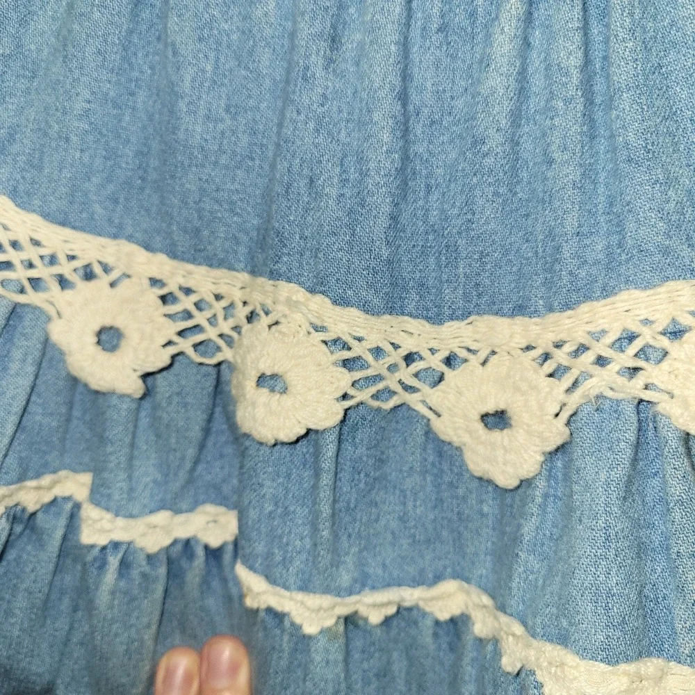 Vintage Baby Boxers Girls 2T Denim Tiered Ruffle Skirt‎ Crochet Lace Trim USA